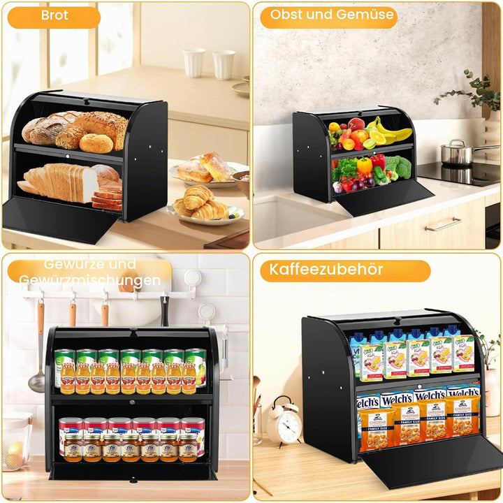 Edelstahl Brotkasten 2 Etagen mit Rolltop Deckel, extragrosser Brotbox Schwarz, Metall Brotbehälter