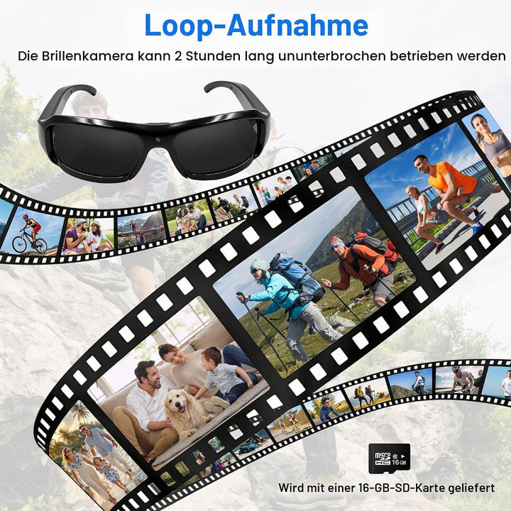 Kleine Brillenkamera, 16GB Sportbrille mit Kamera, 1080P HD Mini Actionkamera, MicroVideokamera Sonn