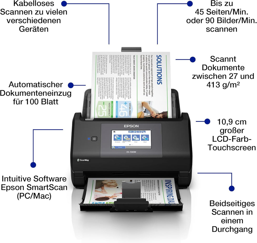 Epson Workforce ES-590W WLAN Dokumentenscanner | 45 S./Min. / 90 ipm | 100 Blatt automatischer Dokum