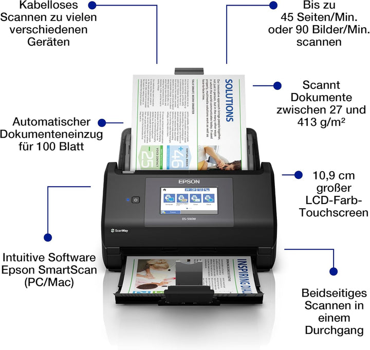 Epson Workforce ES-590W WLAN Dokumentenscanner | 45 S./Min. / 90 ipm | 100 Blatt automatischer Dokum