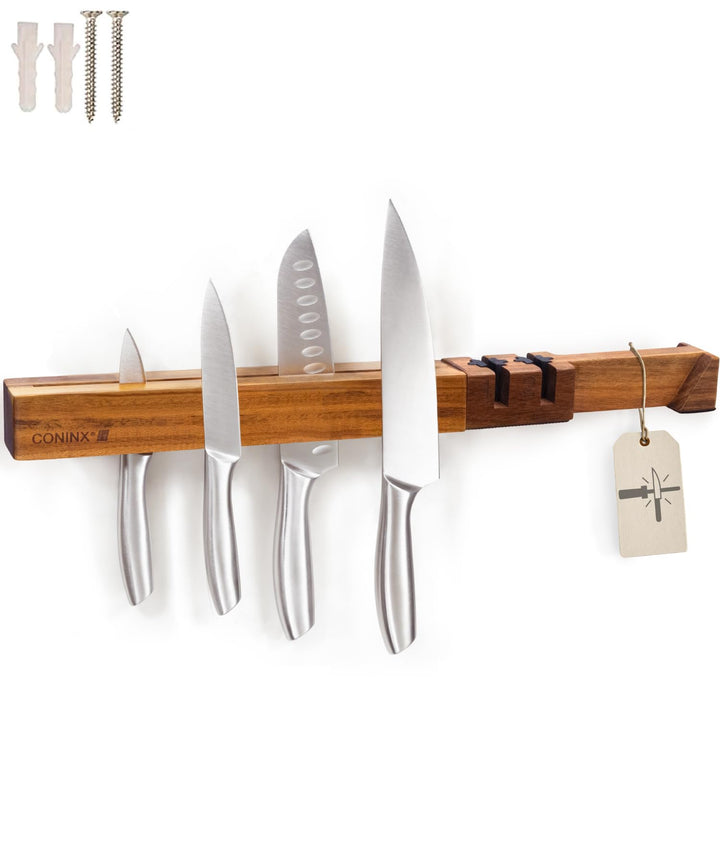 Coninx Wand-Magnetleiste 48 cm aus Akazienholz – Messerleiste mit Doppelreihe & abnehmbarem Doppelsc