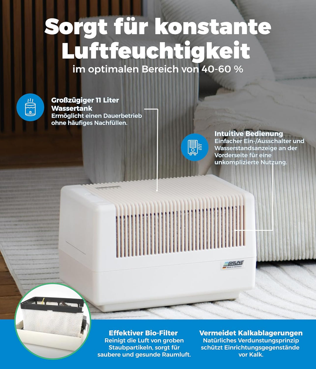 Brune® Luftbefeuchter B 125 – Kompakt und effizient für Räume bis 140 m³ – Verdunstung mit Filter fü