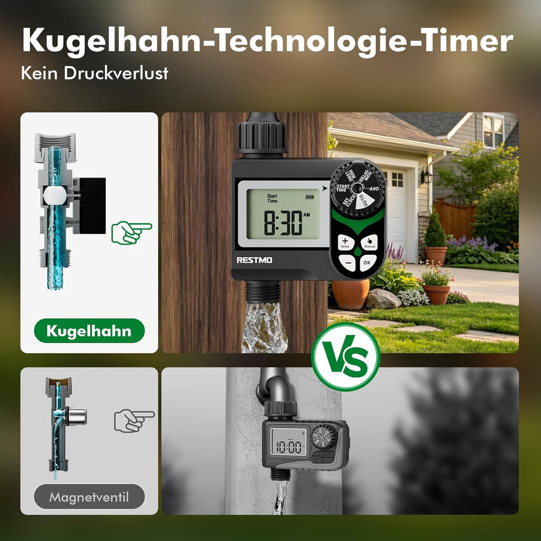 RESTMO Bewässerungscomputer mit druckverlustfreiem Kugelhahn (0-120 PSI), Intervall-Programm (2 Modi