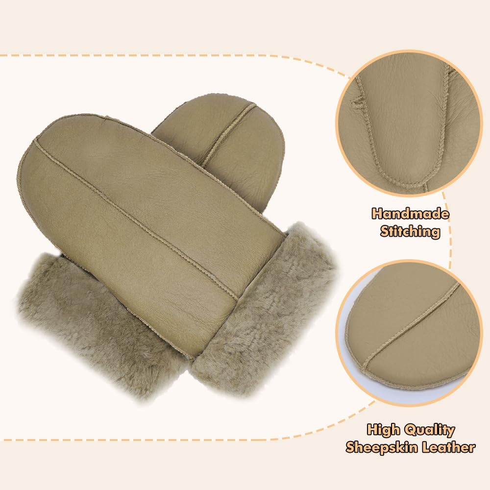 MGGMOKAY Damen Lammfell Shearling Fäustlinge Warme Winter Lederhandschuhe XL Beige, XL Beige