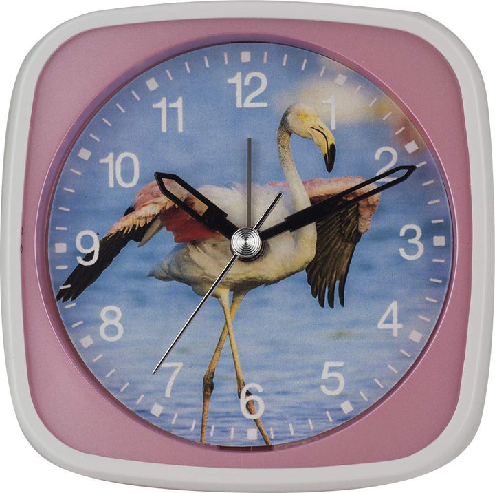 Eurotime Kinder Wecker für Mädchen mit Flamingo-Motiv, Kunststoffgehäuse und Kunststoffglas, Geräusc