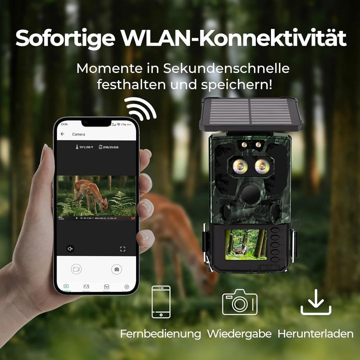 VOOPEAK Duales Objektiv Solar Wildkamera WLAN 4K 60MP, Sternenlicht Nachtsicht Wildkamera mit Handyü