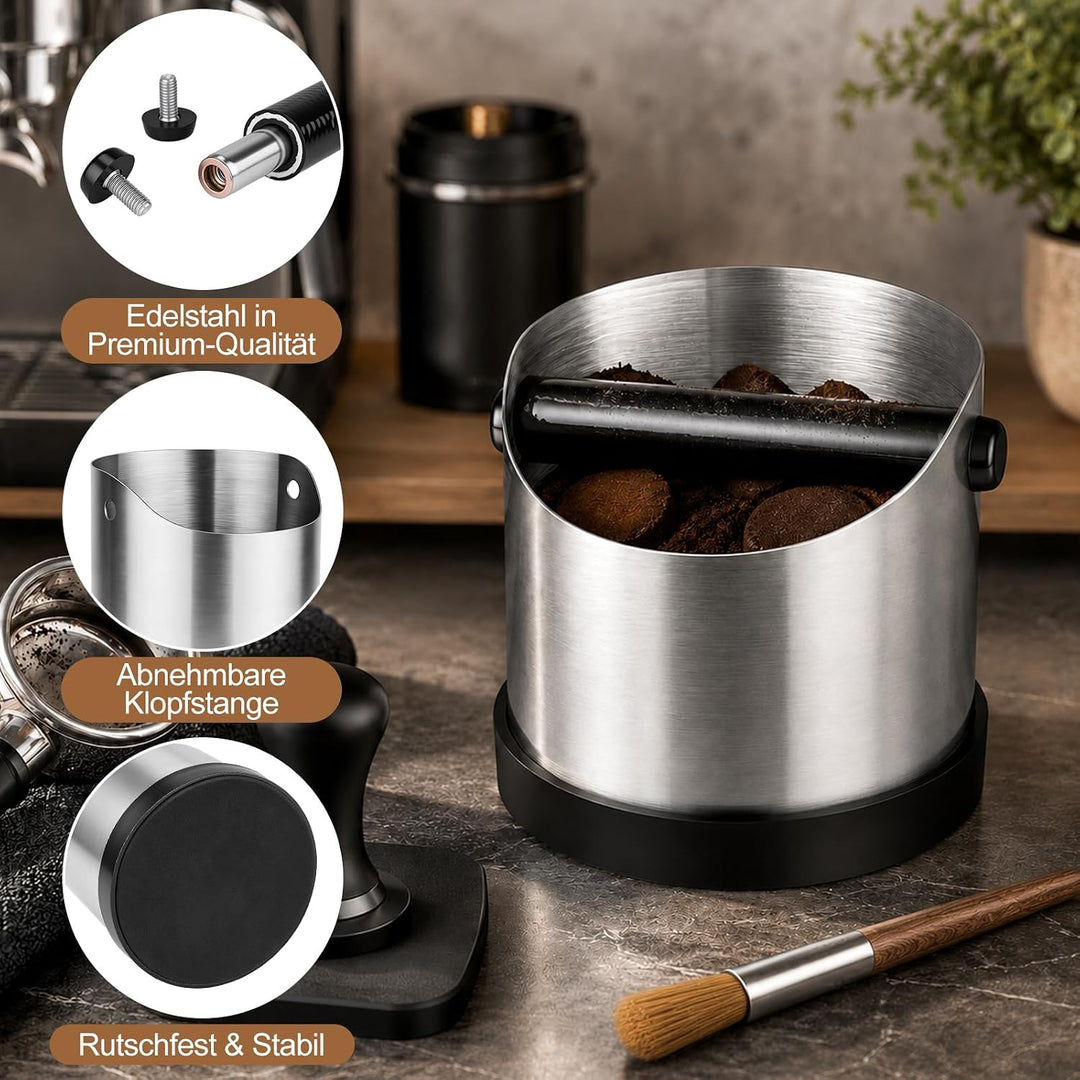 Abklopfbehälter für Siebträger 700 ml Edelstahl, Knock Box Espresso mit abnehmbarer Metall-Klopfstan