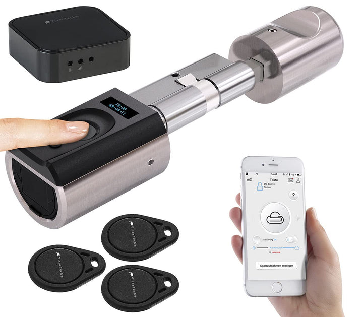 VisorTech Elektronisches Schloss: Elektronischer Tür-Schliesszylinder mit WLAN-Gateway, Fingerscan,