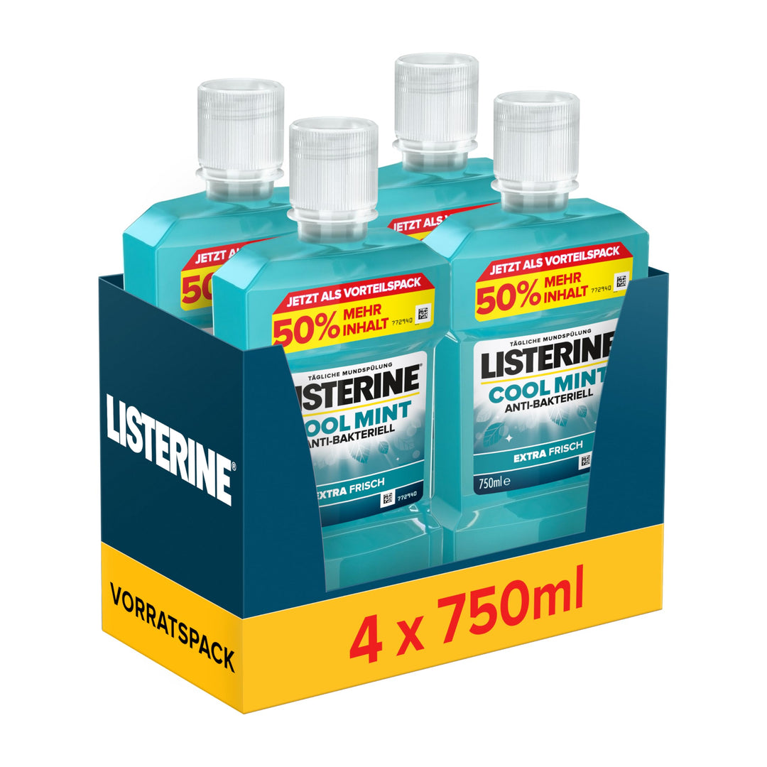 LISTERINE Cool Mint Mundwasser (4 x 750 ml), antibakterielle Mundspülung mit ätherischen Ölen & inte