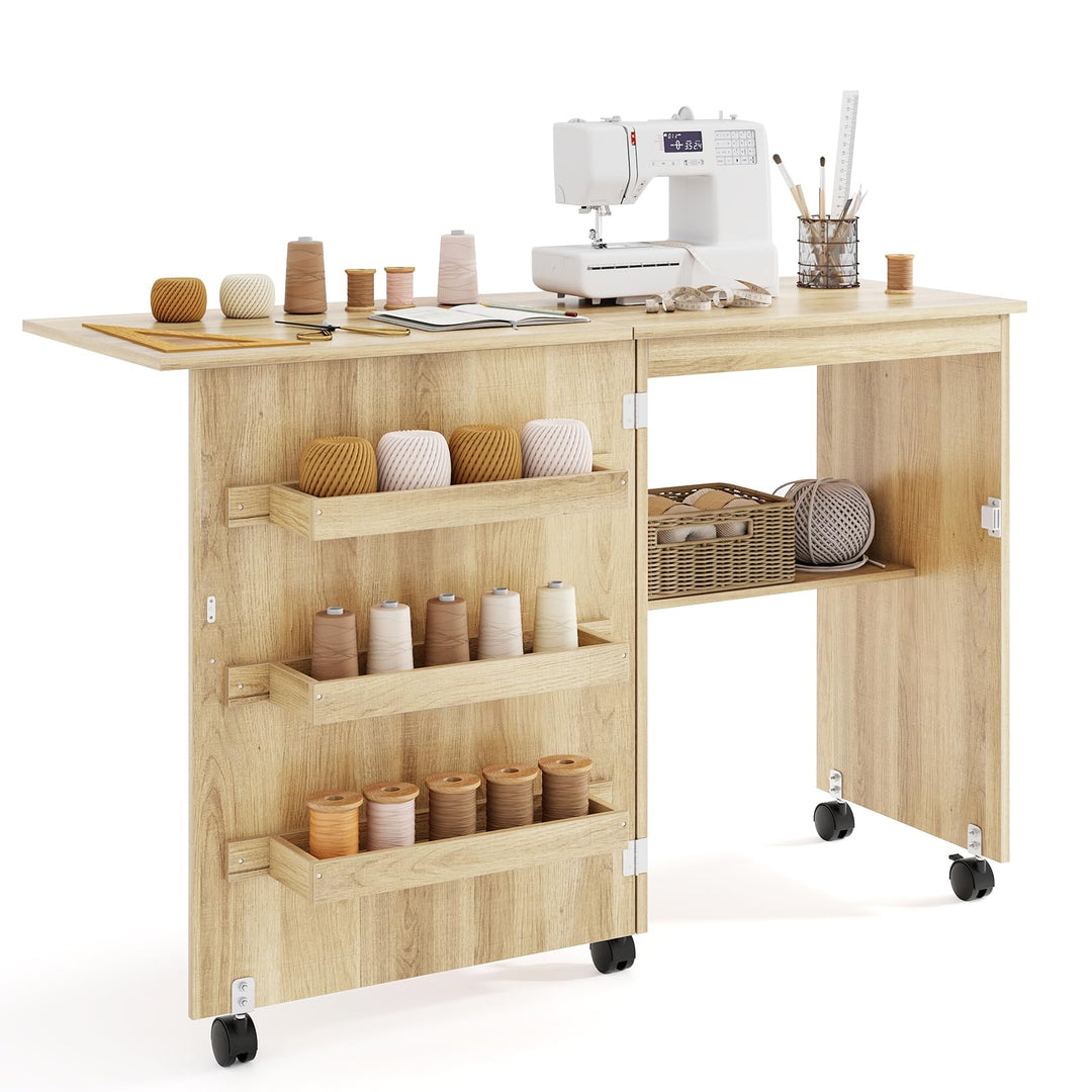GIANTEX Nähtisch klappbar, Nähmaschinentisch auf Rollen, Nähtisch für Nähmaschine, Nähschrank Holz,
