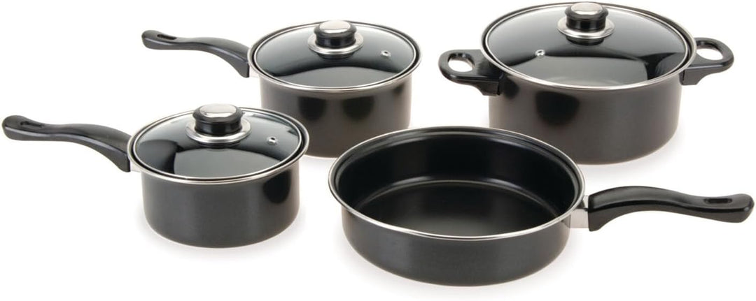 Camping Kochtopfset 7-teilig Leichtes Aluminium Topfset für Gasherde, 2 x Stieltopf mit Deckel | 1 x
