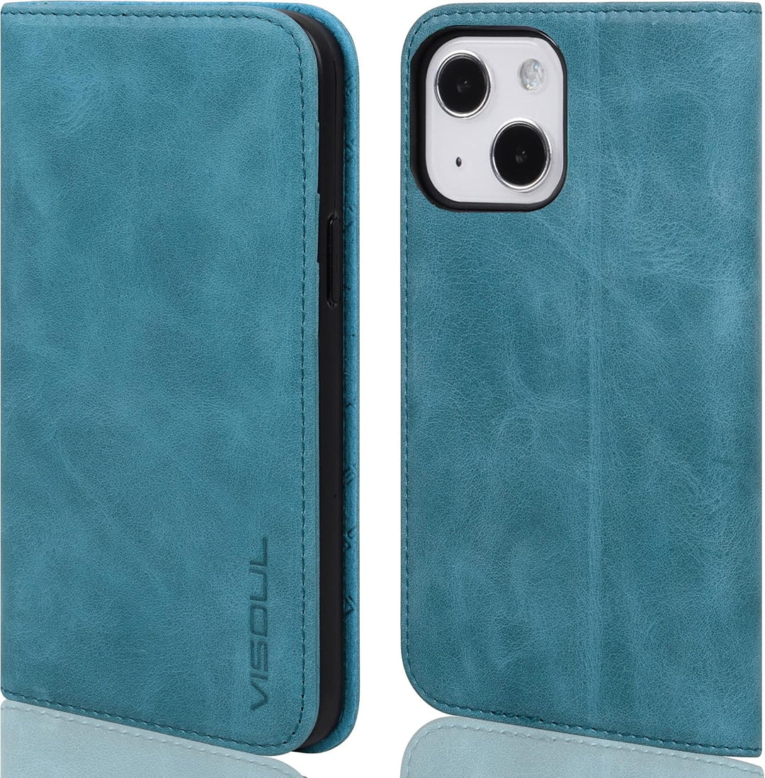 VISOUL Hülle für iPhone 13 Handyhülle Schutzhülle TPU [Erstklassiges Echtleder] [Kartenfach] [Magnet