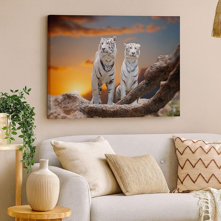Bilder auf Leinwand 100x70cm Leinwandbild Tiger weiss Rock Sonnenuntergang Gross Wanddeko Bild Schla