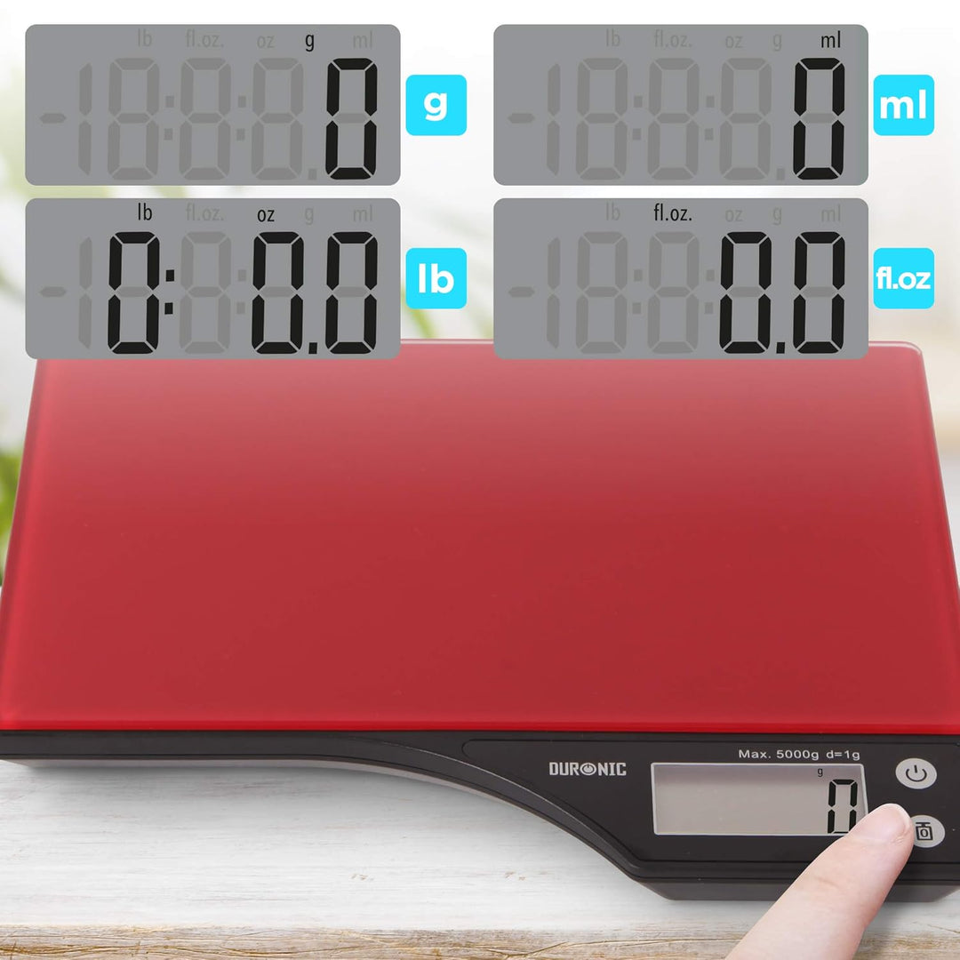 Duronic KS350 Küchenwaage, 5 kg Digitalwaage, 1 g grammgenau Präzision-Feinwaage rot, Haushaltswaage