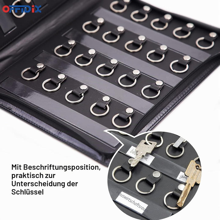 OFFIDIX Schlüsseletui aus Leder mit Reissverschluss, gross, tragbar, 40 Schlüsselhaken, Schlüssel-Or
