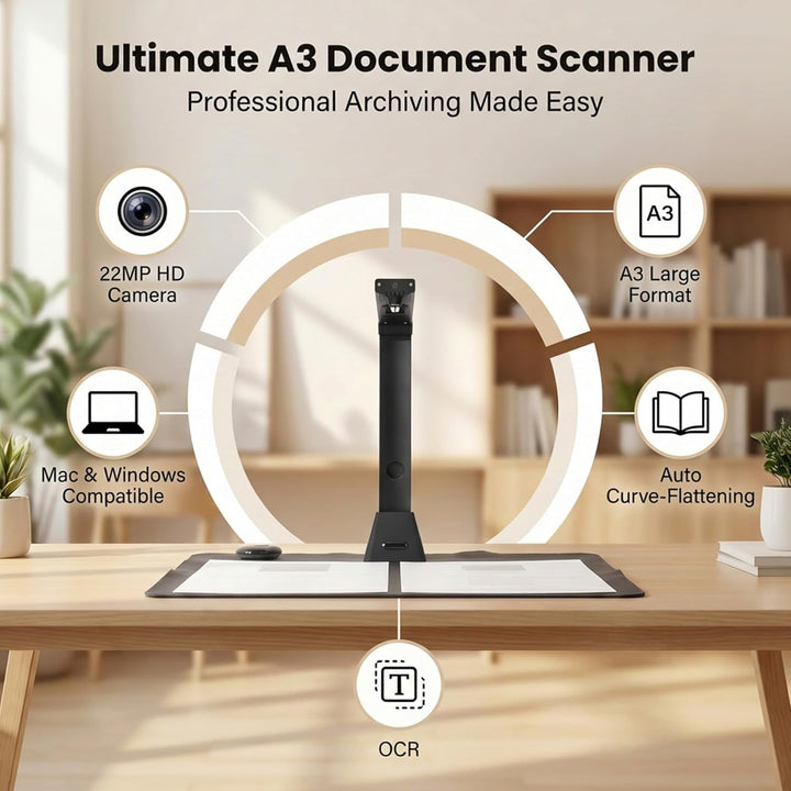 Dokumentenscanner A3 Scanner 22MP: OCR für 130 Sprachen USB Dokumentenkamera mit 4 LED für Schule Bü