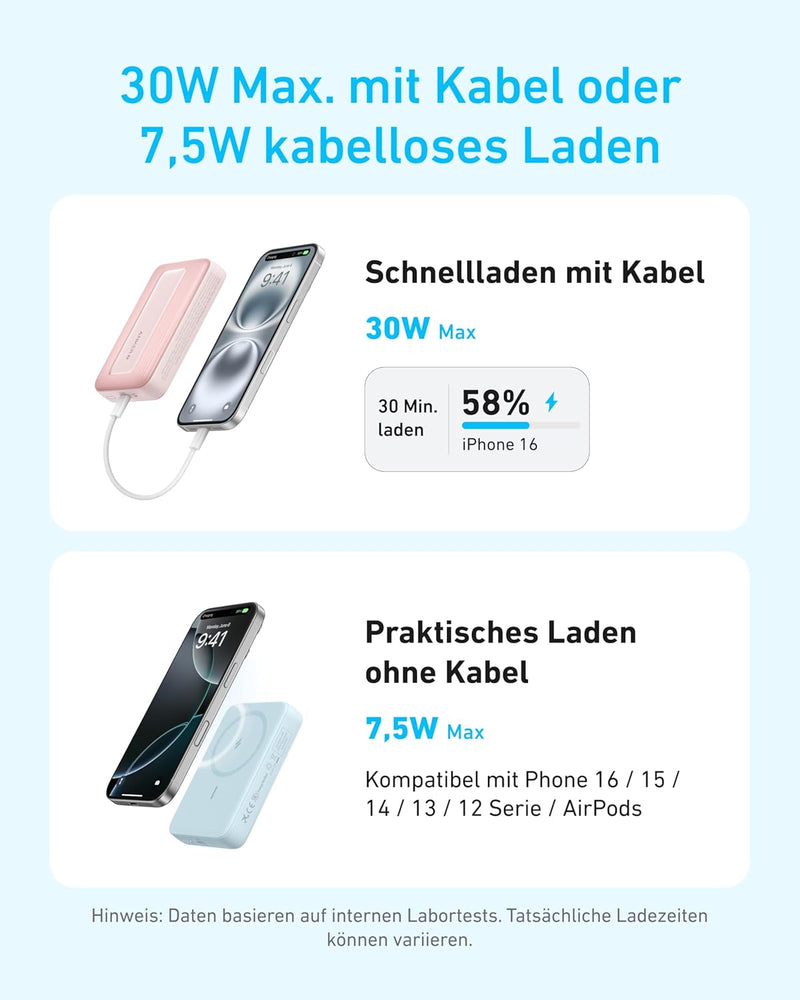 Anker Magnetische Powerbank, kompaktes 10.000mAh Ladegerät mit 30W Max. Schnellladen, kabellos und p