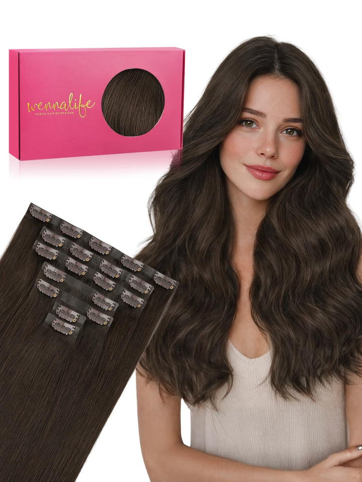 WENNALIFE Nahtlose Clip In Extensions Echthaar, 35cm 9pcs 130g Helles Dunkel Braun Echthaar Extensio