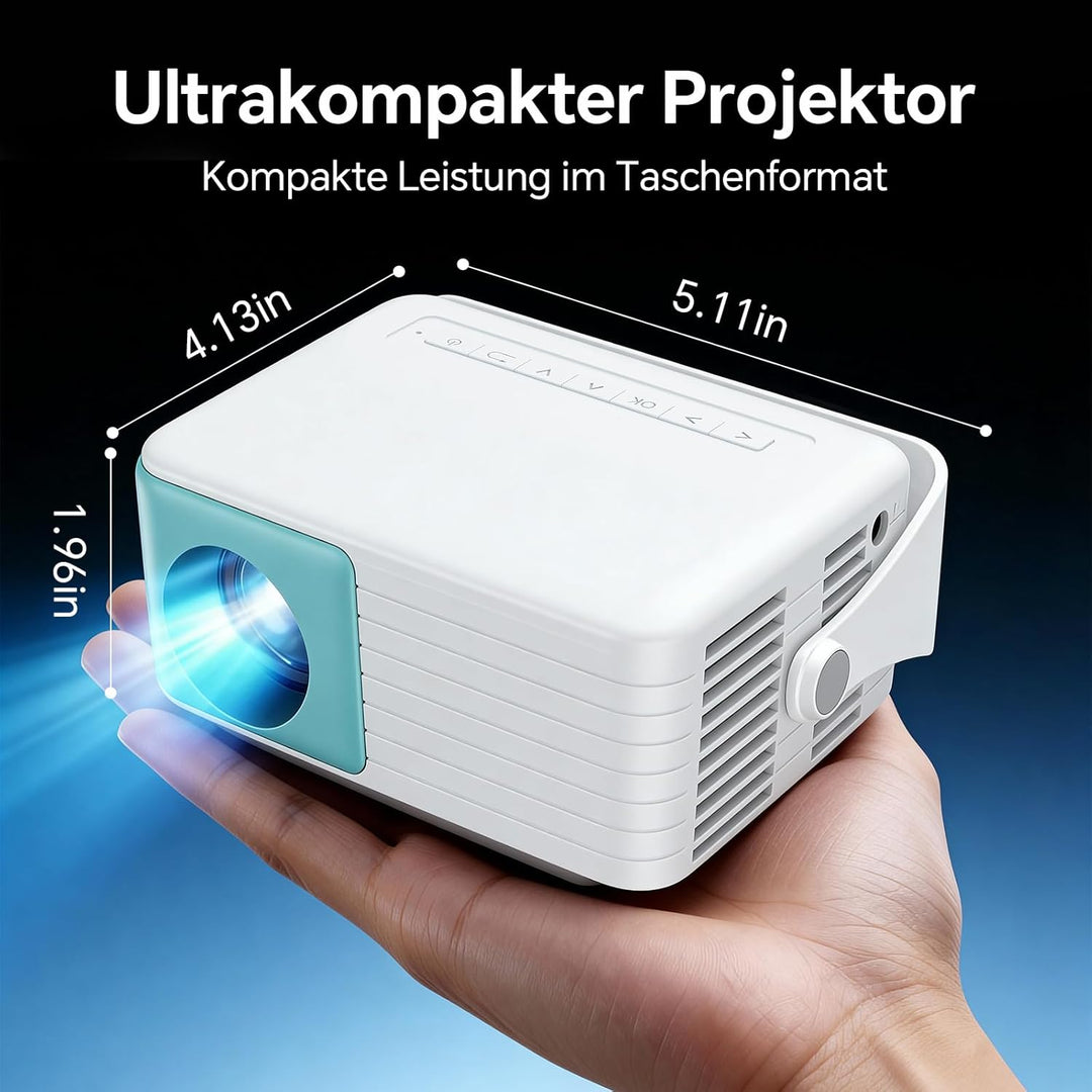 WOLFANG Mini Beamer, Tragbarer Projektor mit 1080P Eingabeunterstützung, nativer 720P Auflösung, Aut