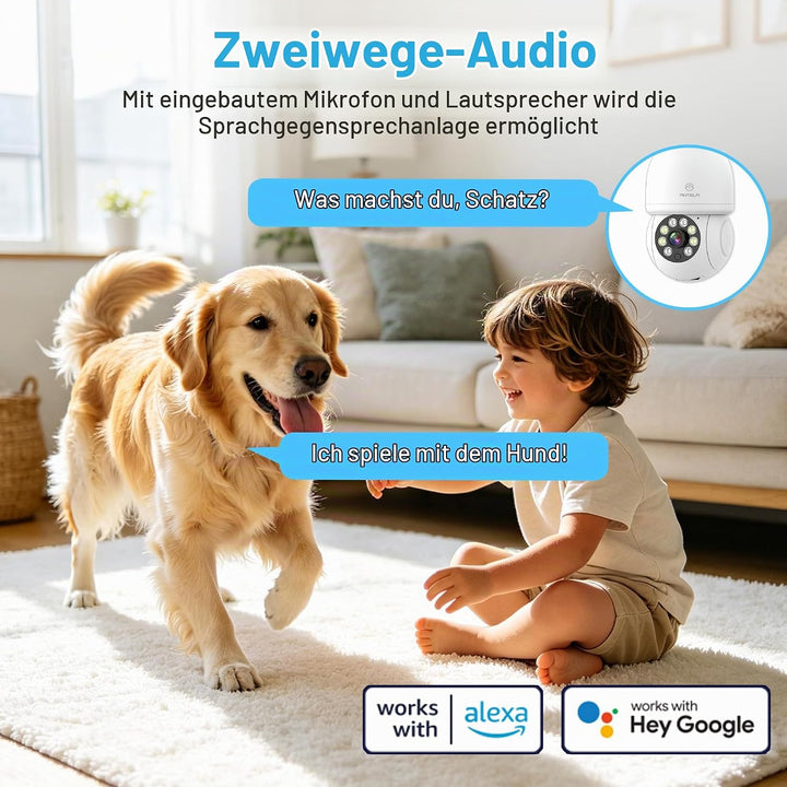 ANTELA Überwachungskamera 3MP 2K 2,4GHz, Bewegungserkennung, Zwei-Wege-Audio, kompatibel mit Alexa/G