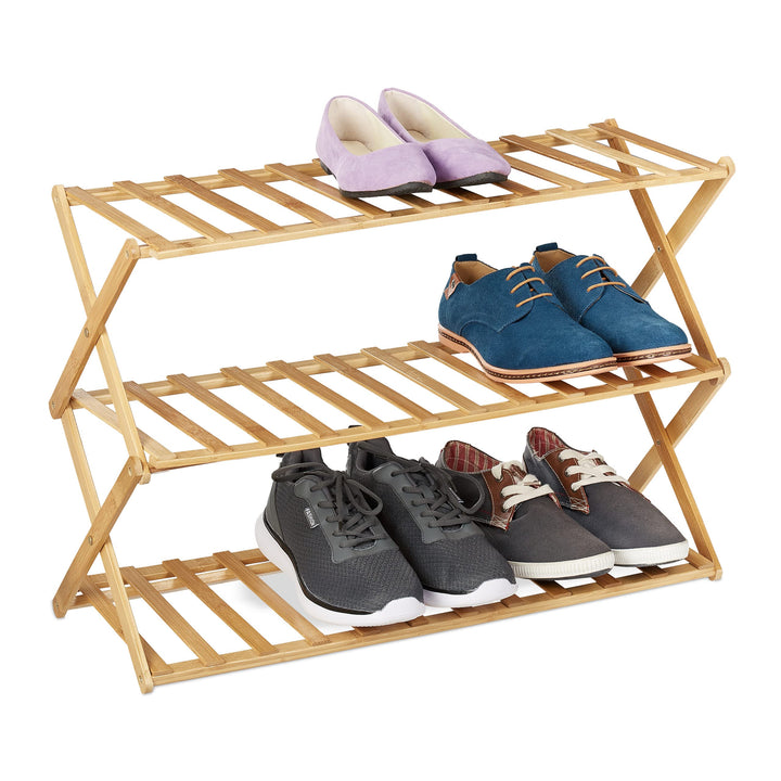 Relaxdays faltbares Schuhregal, 3 Ebenen, Bambus Schuhständer, Natur | HBT: 46x67x26 cm, 9 Paar Schu