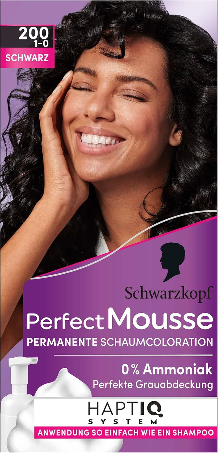 Schwarzkopf Perfect Mousse Permanente Schaumcoloration 200/1-0 Schwarz (3 x 92.5 ml), Haarfarbe mit