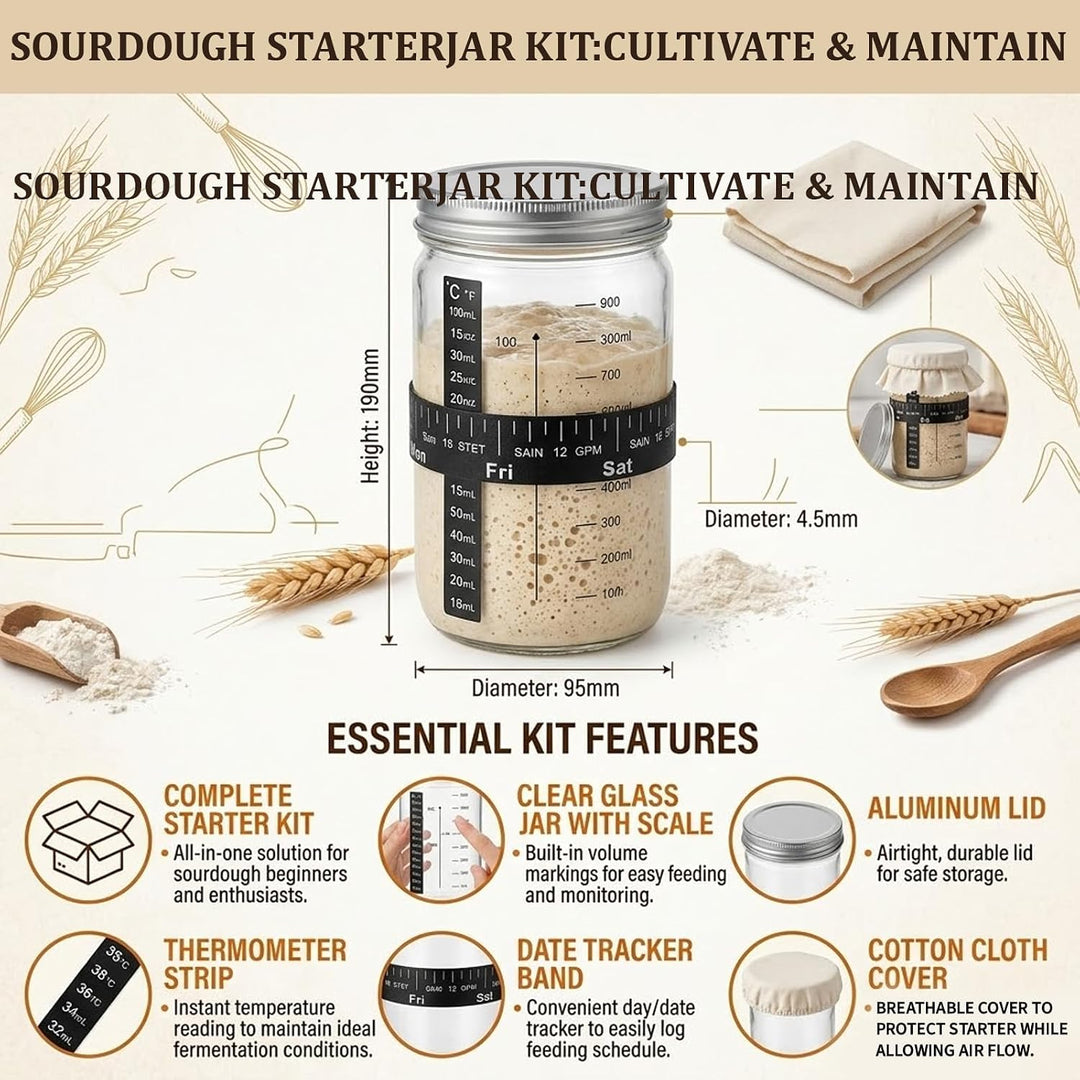 Sauerteig Starter Set mit 2 Gärkörbchen (rund 23cm &amp; oval 25cm), Glasgefäss Teigschaber Leineneinsat