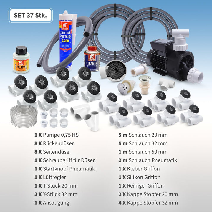 AQUADE Whirlpool Bausatz, Jacuzzi Selbstbausatz komplett mit Seiten- und Rückendüsen 8 Seitendüsen +