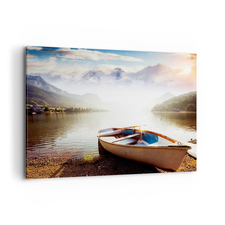 Bilder auf Leinwand 100x70cm Leinwandbild mit Rahmen Berge See Boot Gross Wanddeko Bild Schlafzimmer