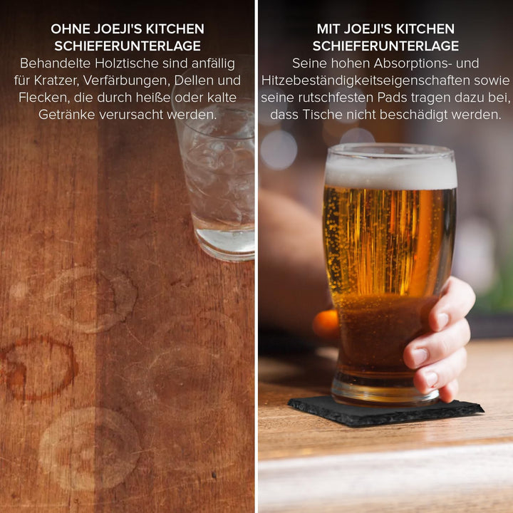 Joeji's Kitchen 10er Set Stein Schiefer Untersetzer für Getränke mit Bambus Halter - Hitzebeständige