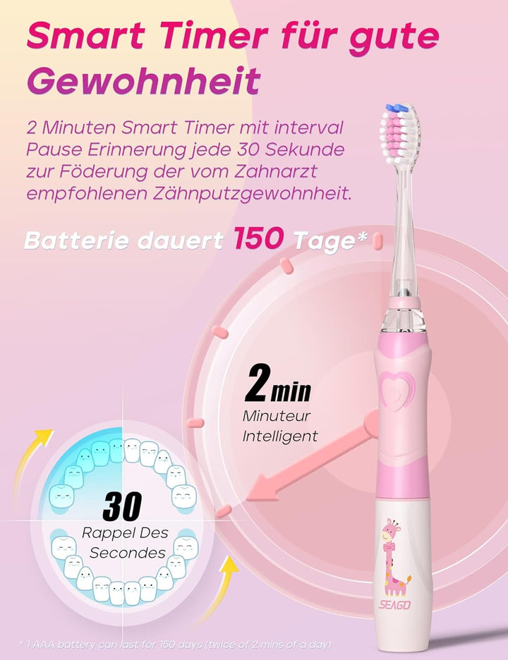 Seago Elektrische Zahnbürste Kinder ab 3 Jahren mit bunten LED Licht, 4 Aufsteckbürste, Smart Timer,