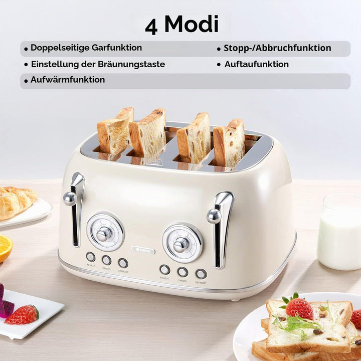 Wiltal Toaster 4 Scheiben, Toaster Langschlitz, Edelstahl Gehäuse, mit Integrierten Brötchenaufsatz,