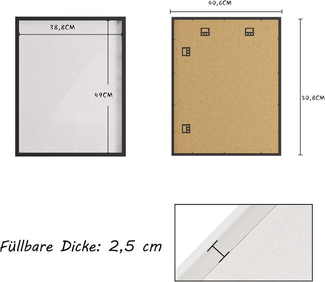 Muzilife 3D Bilderrahmen zum Befüllen Schwarz 40x50 cm, Holz Rahmen Objektrahmen Shadow Box mit Glas