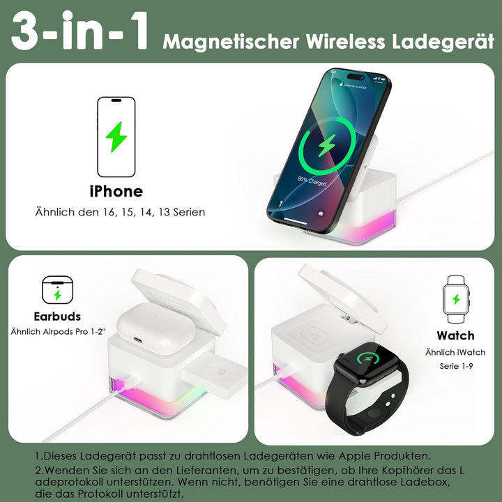 Minthouz Kabellose 3-in-1-Würfel-Ladestation,15W Schnelles Qi-zertifiziertes Drahtloses Ladehalter m