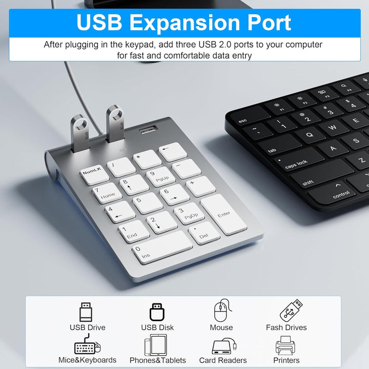 Numeric Keypad Wired Numpad, USB A/USB C Ziffernblock Ergonomischer Mini Nummernblock mit 3 USB 2.0