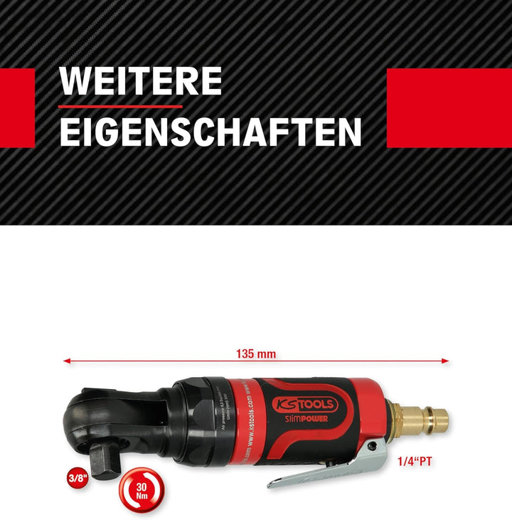 KS Tools Mini Druckluft Ratsche 3/8" SlimPOWER 515.5510 I Umschaltratsche mit Vierkantantrieb nach D