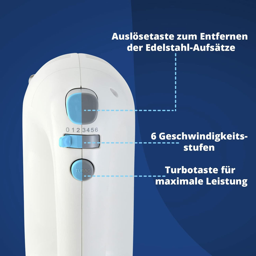 KHG Handmixer HM-301 WG 300 Watt Weiss | 2 Edelstahl-Rührbesen, 2 Edelstahl-Knethaken, 6 Leistungsst