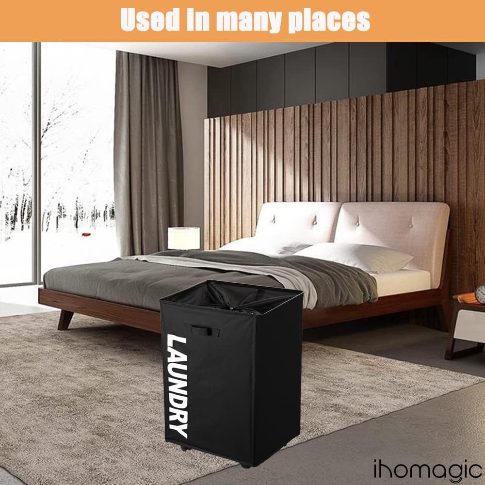 IHOMAGIC Wäschekorb mit Rädern Grosse 65L, Zusammenklappbarer Rollender Wäschekorbe aus Oxford Stoff