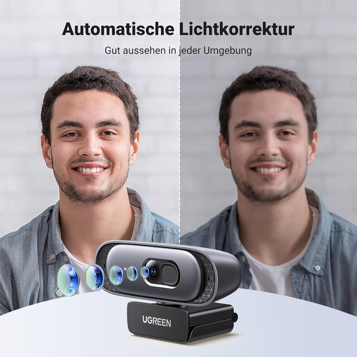 UGREEN Webcam 2K 30FPS Full HD, Webcam mit Dual Mikrofon, 91° Sichtfeld, Sichtschutz, Autofokus, Aut