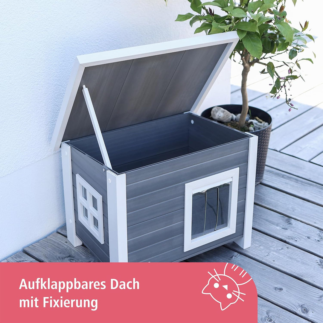 Kerbl ECO-Katzenhaus „Eli“, ECO-Recyclingmaterial, 60% Kunststoff / 40% Holz, Aufklappbares Dach, We
