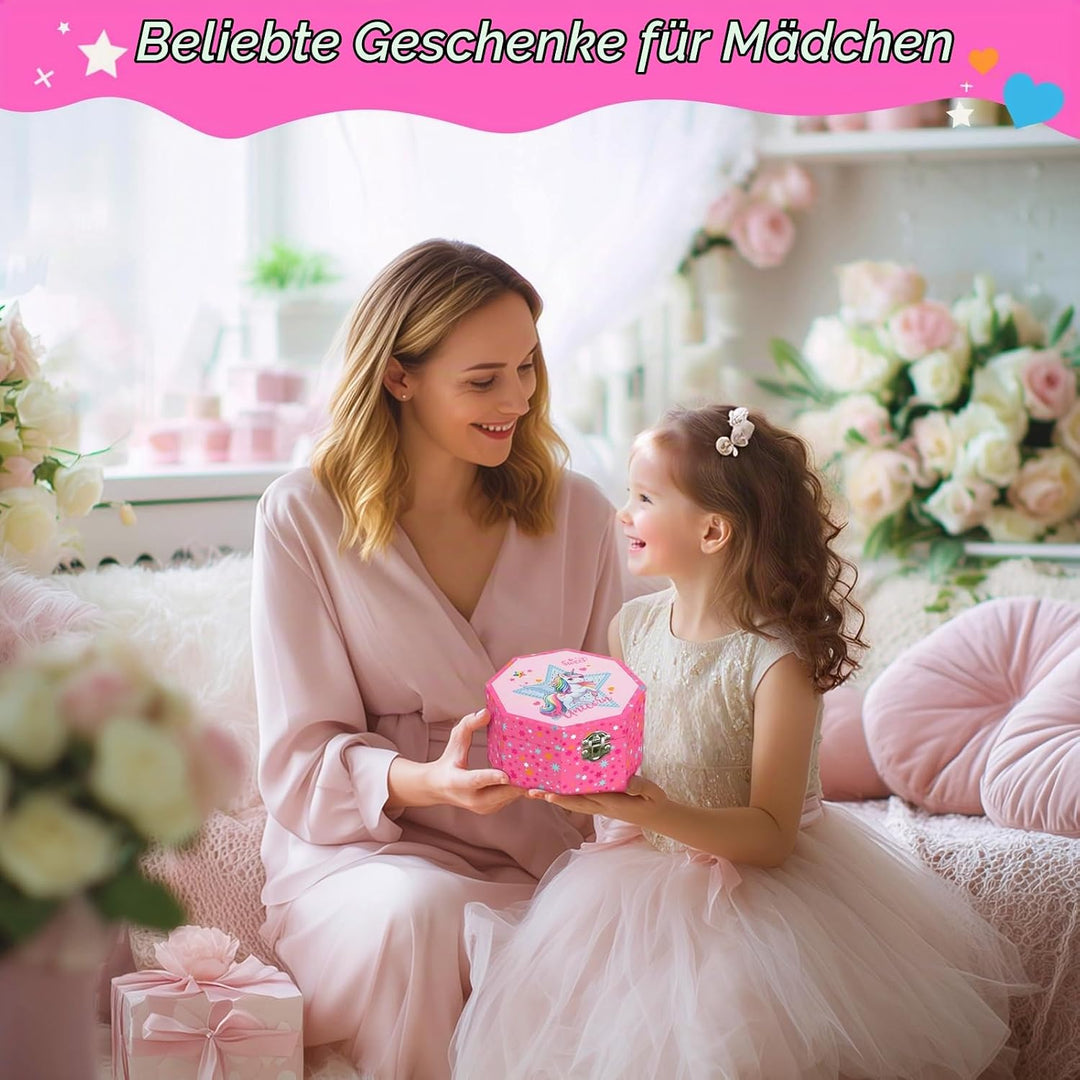 GINMLYDA Einhorn Schmuckkästchen für Mädchen, Kinderspieluhr mit Drehendem Einhorn &amp; Spiegel Kinder