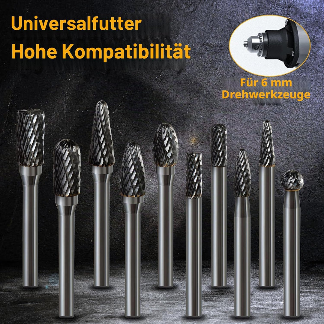 Hartmetall Frässtifte Set, 10 Stück Doppelschnitt mit 6mm Schaft Rotationsfräser Bits Raspel Set für