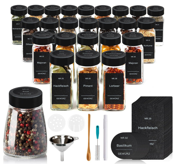 Mocraft 24 Gewürzdosen Eckig Schwarz 120ml, mit 200 Gewürzetiketten Gewürz Organizer 10,5 x 4,5 cm G