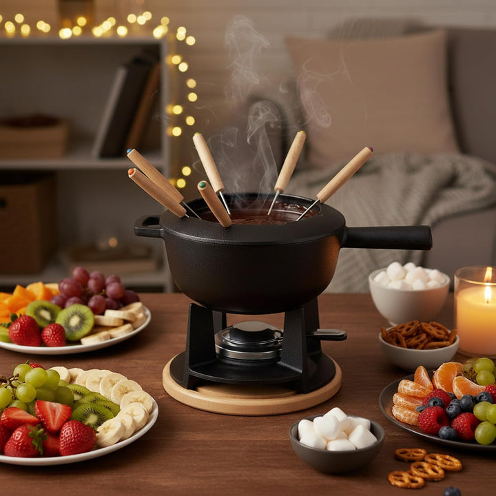 Mahlzeit Gusseisen Fondue Set für 6 Personen | 2 Liter | Fondueset 13 teilig mit Brenner und Gabeln