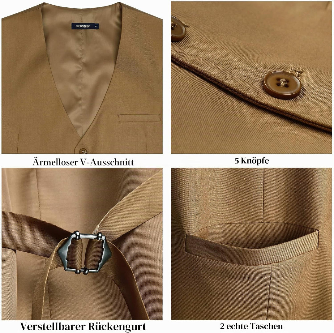 HISDERN Herren Formale Hochzeit Party Weste Baumwolle Einfarbig Weste XS Khaki, XS Khaki