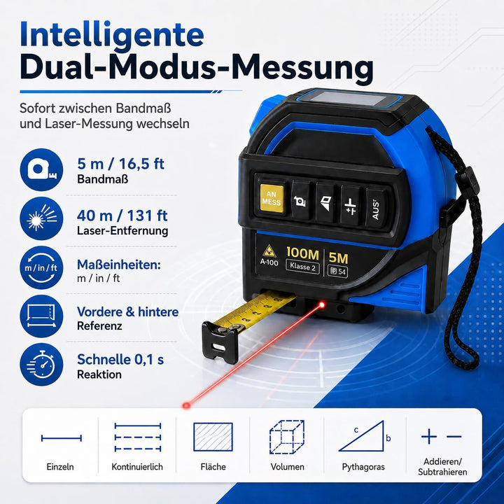Laser Entfernungsmesser 40 m, 4 in 1 Laser Massband mit 5 m Massband, 40 m Laser, 16 m Laser-Fadenkr