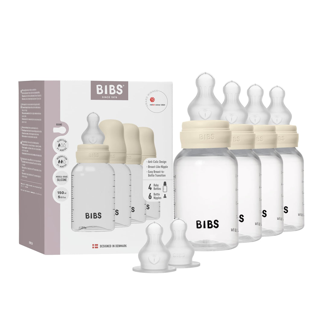 BIBS Babyflasche 150 ml, 4er-Pack Sauger aus Silikon- Babyflaschenset, Anti-Kolik, BPA-frei, Langsam