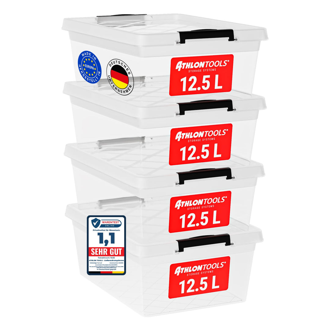 ATHLON TOOLS 4x 12.5 L Aufbewahrungsboxen mit Deckel, lebensmittelecht - Verschlussclips - 100% Neum