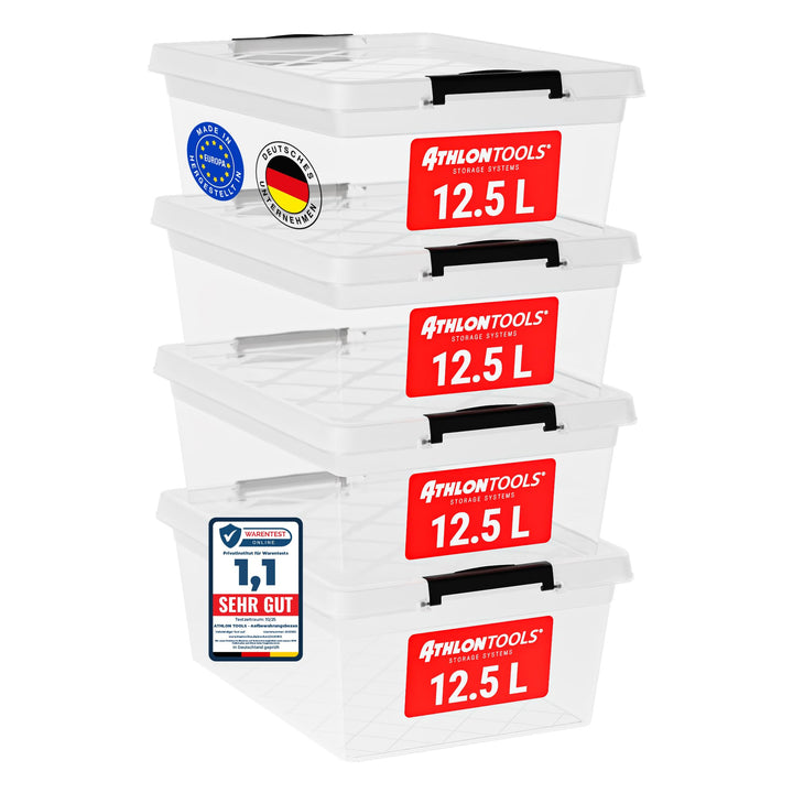 ATHLON TOOLS 4x 12.5 L Aufbewahrungsboxen mit Deckel, lebensmittelecht - Verschlussclips - 100% Neum