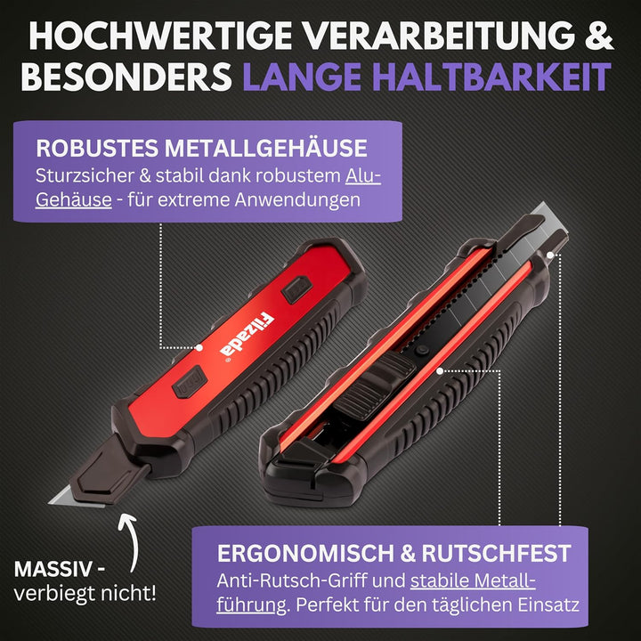 Filzada ® 3x Cuttermesser Profi inkl. 13x Carbonstahl Klingen BLACK - Cuttermesser 18mm - Robustes T